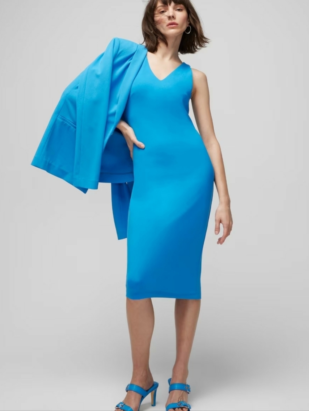 WHBM Blue Isis Sheath Dress Aura Shaping Midi Sleeveless V-Neck 14 New